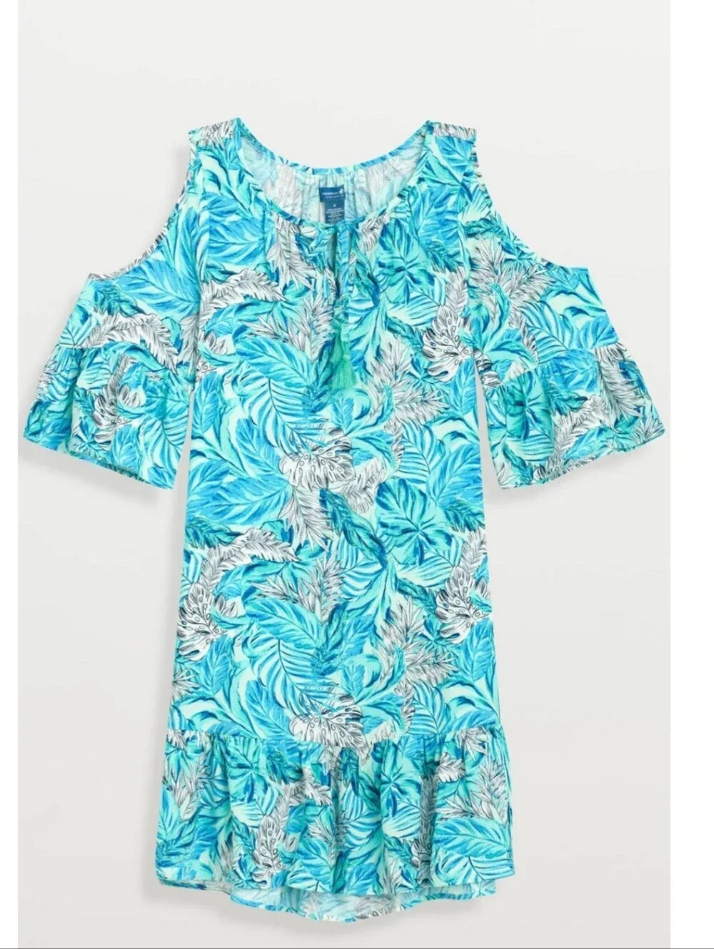 🔥Caribbean Joe Tropical Blue Leaf Cold-Shoulder Sundress Size Medium 100% Rayon - Picture 7 of 8